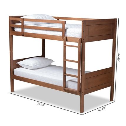 Twin Bunk Bed Wood Frame Fixed Ladder Guard Rails Walnut Brown Gray Contemporary