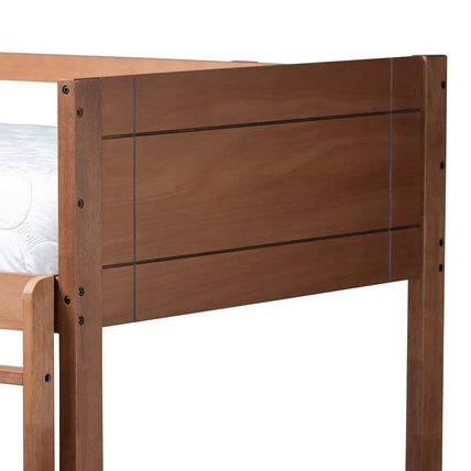 Twin Bunk Bed Wood Frame Fixed Ladder Guard Rails Walnut Brown Gray Contemporary