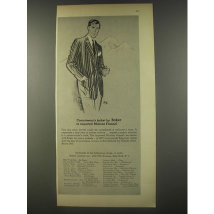 1956 Baker Jacket Ad - Connoisseur's jacket by Baker in imported Mimosa Flannel