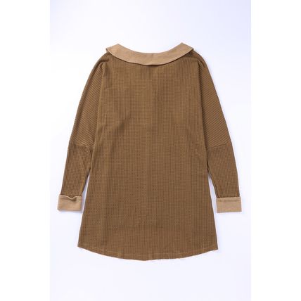 Brown Waffle Knit Buttoned Long Sleeve Top