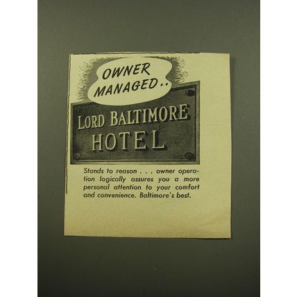 1959 Lord Baltimore Hotel Ad - Owner Managed