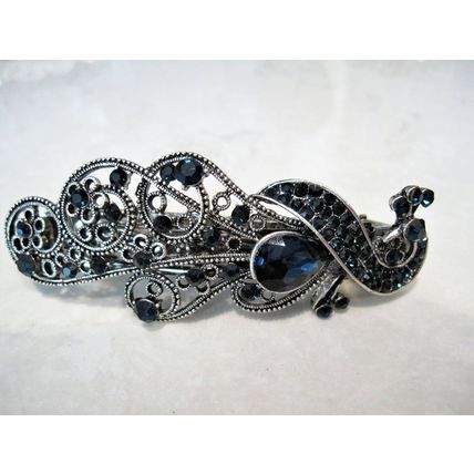 Blue or smoke gray peacock crystal hair barrette clip bridal clip bridal