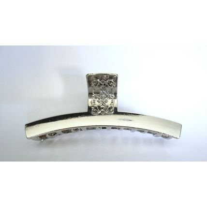 Long shiny silver tone filigree metal hair claw clip