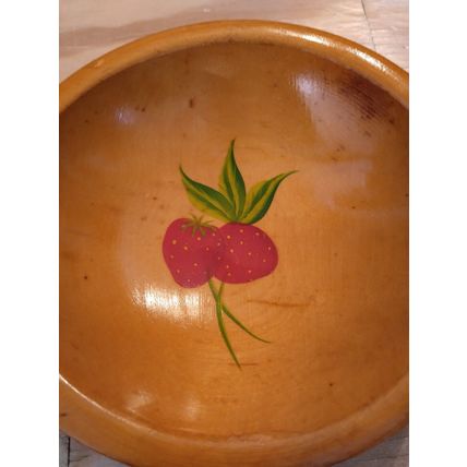 Vintage Munising Wooden Salad Bowl Brown Strawberry Design Lot Of 4 Round Shape