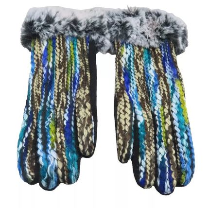 Ladies Gloves Stripy Black, Blue & Green Faux Fur Trim Accessory 26.5 CM