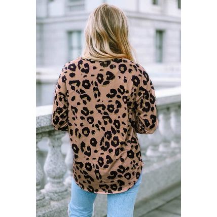 Brown Leopard Split Joint V Neck Long Sleeve Tops