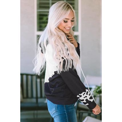Black Cow Tie Dye Print Pocketed Drawstring Pullover Hoodie