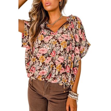 Pink Floral Print Bubble Hem Split Neck Blouse