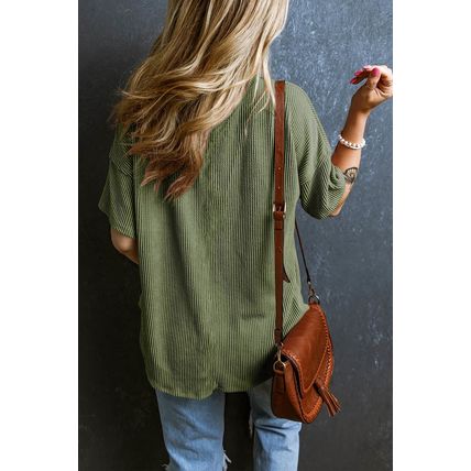 Jungle Green Corded V Neck Chest Pocket Loose T-shirt