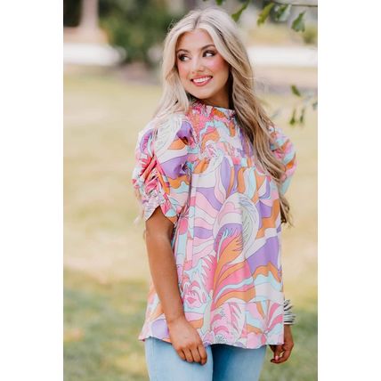 Pink Abstract Print Bubble Sleeve Smock Detail Blouse