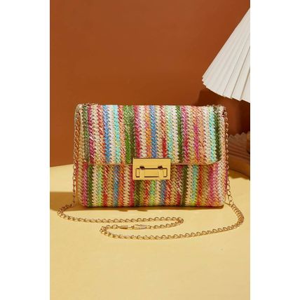 Strawberry Pink Bohemian Woven Gold Chain Shoulder Bag