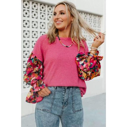 Sachet Pink Flower Patchwork Ruffled Sleeve Ribbed Knit Drop Shoulder Top