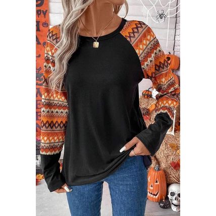 Orange Geo Print Raglan Patchwork Long Sleeve Tee