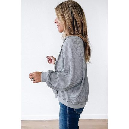 Light Grey Waffle Patchwork Long Sleeve Raw Hem Pullover Top