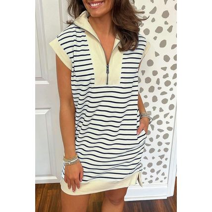 Blue Stripe Quarter Zip Collared Cap Sleeve Mini Dress