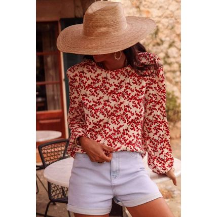 Red Floral Print Long Sleeve Open Back Blouse