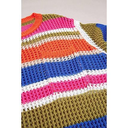 Orange Stripe Colorblock Hollowed Crochet 3/4 Sleeve Sweater