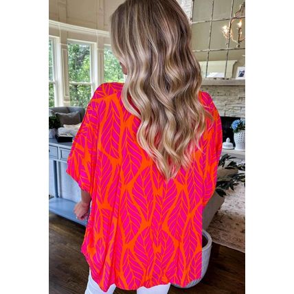 Rose Tropical Leaf Print Smocked Puff Sleeve Blouse