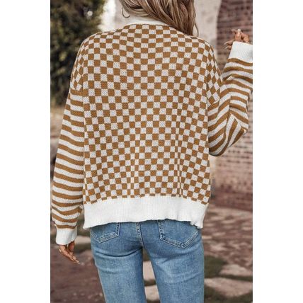 Brown Checkered Striped Patched Buttoned V Neck Cardigan