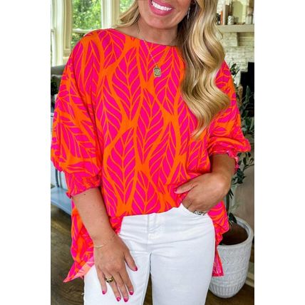 Rose Leafy Printed Smocked Lantern Sleeve Plus Size Blouse