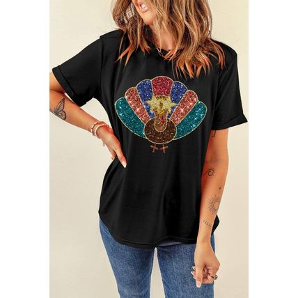 Black Glitter Turkey Graphic Thanksgiving T Shirt