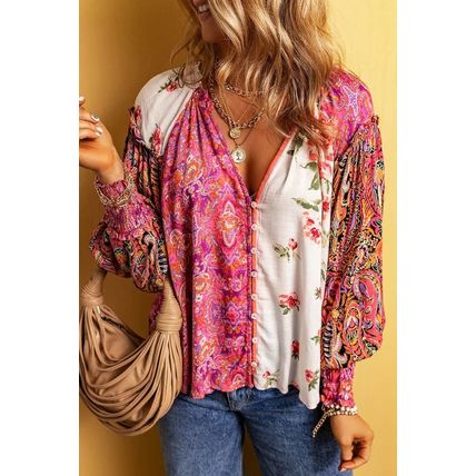Multicolor Floral Patchwork Shirred Cuff Buttoned V Neck Blouse