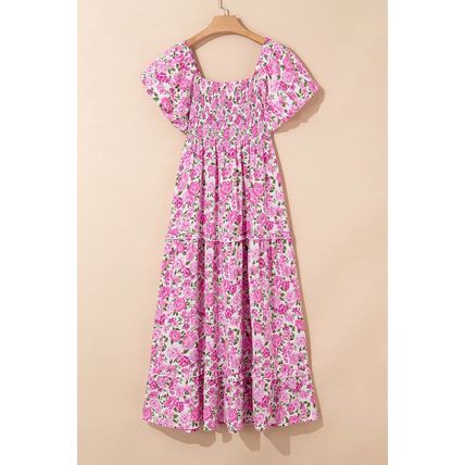 Pink Dainty Floral Smocked Puff Sleeve Flowy Long Dress