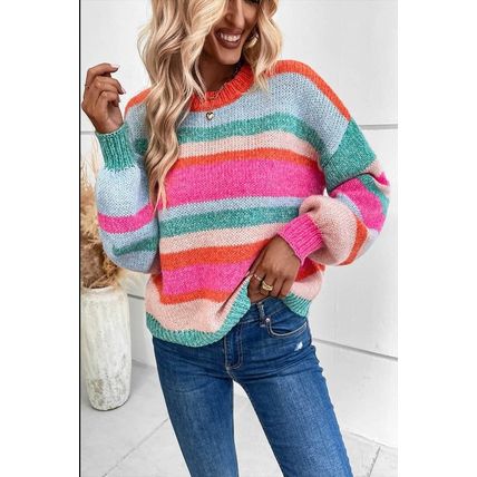 Multicolor Striped Knit Drop Shoulder Puff Sleeve Sweater