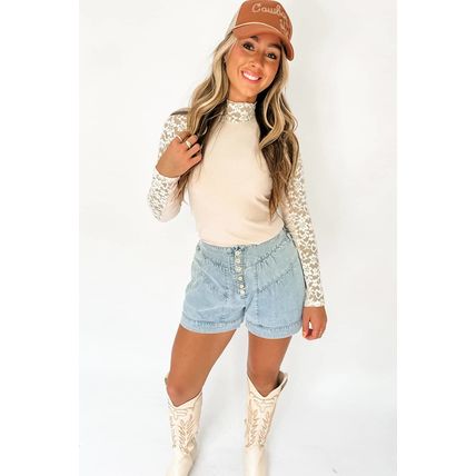 Beige Floral Lace Patchwork Long Sleeve High Neck Slim Top