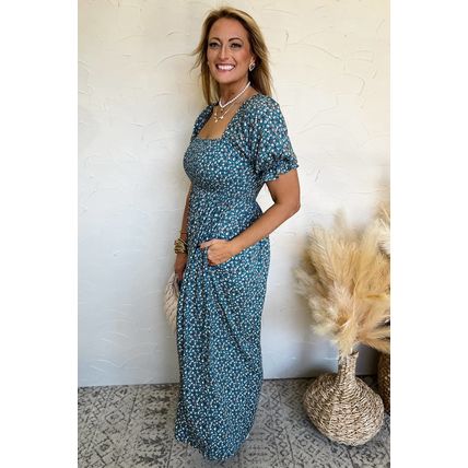Blue Vintage Boho Floral Smocked Short Puff Sleeve Wide Leg Jumpsuit