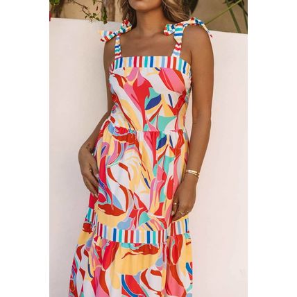 Multicolor Abstract Print Striped Trim Maxi Sundress