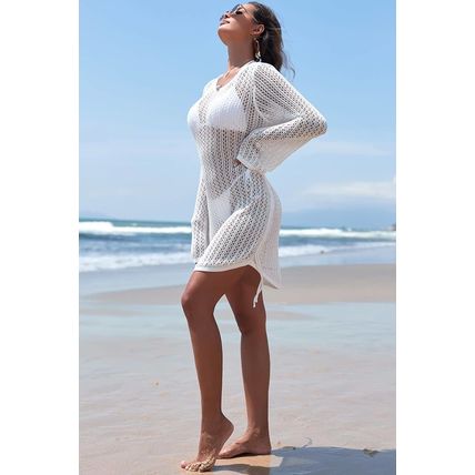 White Hollowout Knit Bell Sleeve Drawstring Short Beach dress