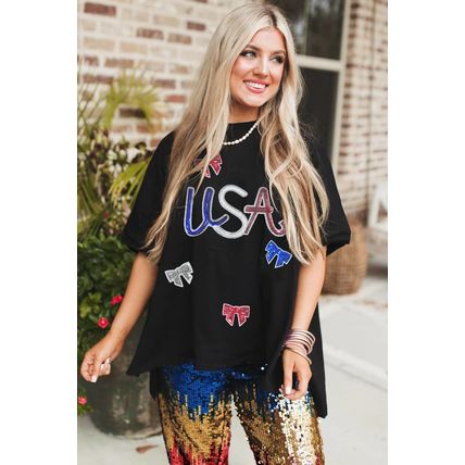 Black Sequin USA Bow Graphic Independence Day T Shirt