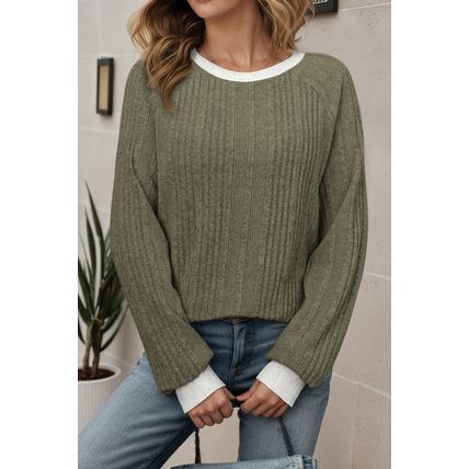Moss Green Ribbed Contrast Cuffed Round Neck Long Sleeve T Shirt