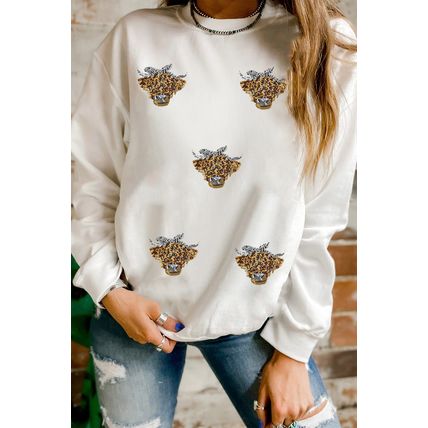 White Sequin Heifer Patched Drop Shoulder Sweatshirt