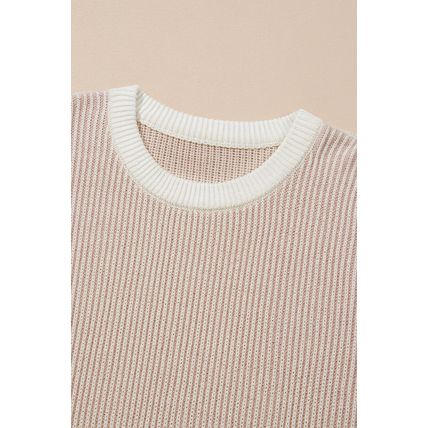 Brown Stripe Plus Size Contrast Trim Crew Neck Rib Knit Drop Shoulder Sweater