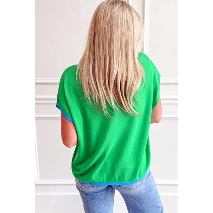 Green Contrast Trim Round Neck Short Sleeve Loose Knit Sweater