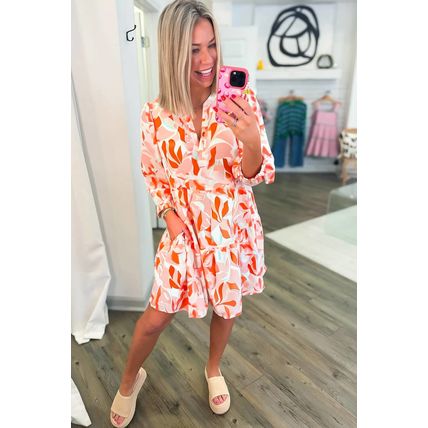 Orange Abstract Print Split Neck Long Sleeve Dress