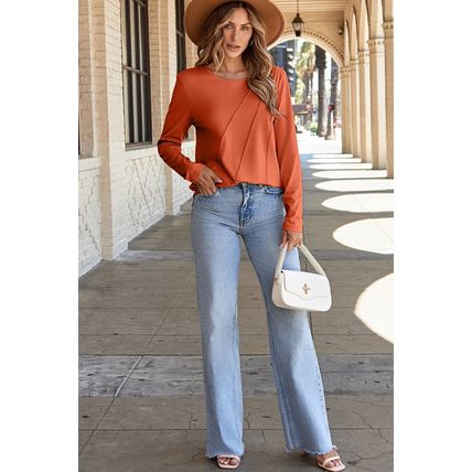 Red Clay Asymmetric Seam Detail Solid Color Long Sleeve Top