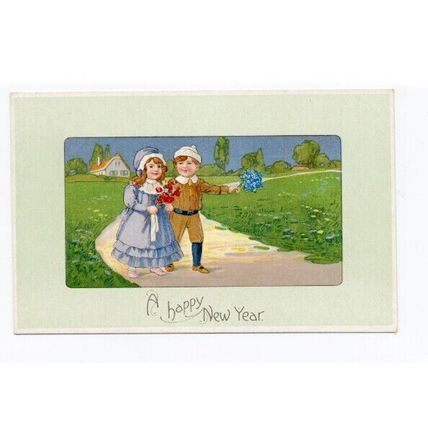 gr73 - New Year greetings - boy & girl - art - postcard