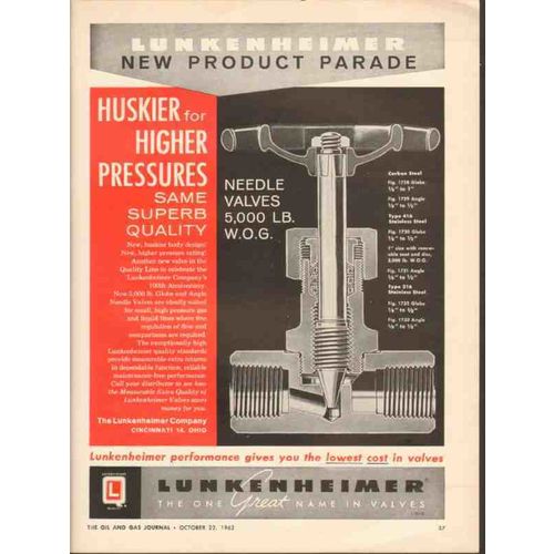 LUNKENHEIMER COMPANY 1962 Huskier higher pressure oil valve vintage ad