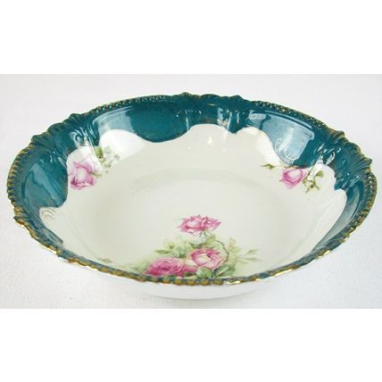 Vintage Hand Painted Green with Roses 8-1/8" Round Vegetable Serving Bowl
