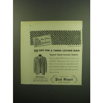 1949 Paul Stuart Southwick Sport Jacket Ad - The gift for a Tweed-loving man