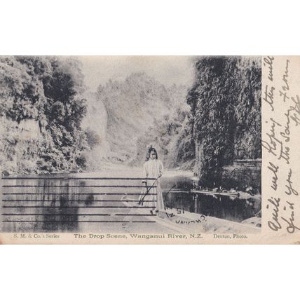 Child in Rowing Boat at Drop Scene Wanganui River Antique Postcard
