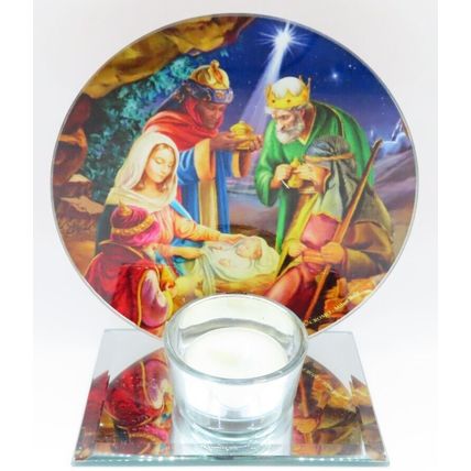 Nativity Scene Tea Light Holder Round Glass 12.5 Christmas Gift Holiday Home