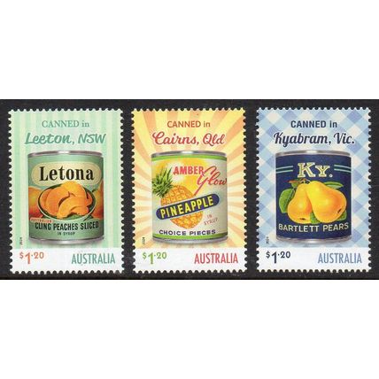 AUSTRALIA: 2024, NOSTALGIC TINNED FRUIT LABELS, SET 3 MINT STAMPS.