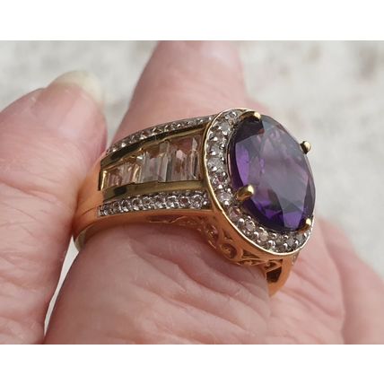 Lusaka Amethyst & White Topaz Oval Halo RING Sz O½ 14k Gold Overlay 925 Silver