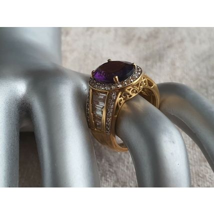 Lusaka Amethyst & White Topaz Oval Halo RING Sz O½ 14k Gold Overlay 925 Silver