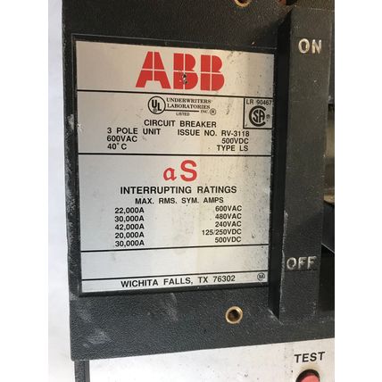 ABB TL1400,ABB LS,ABB TL1600,CIRCUIT BREAKER,3 POLE 600A 600vAC 125/250vDC,SA