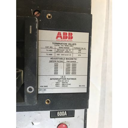 ABB TL1400,ABB LS,ABB TL1600,CIRCUIT BREAKER,3 POLE 600A 600vAC 125/250vDC,SA